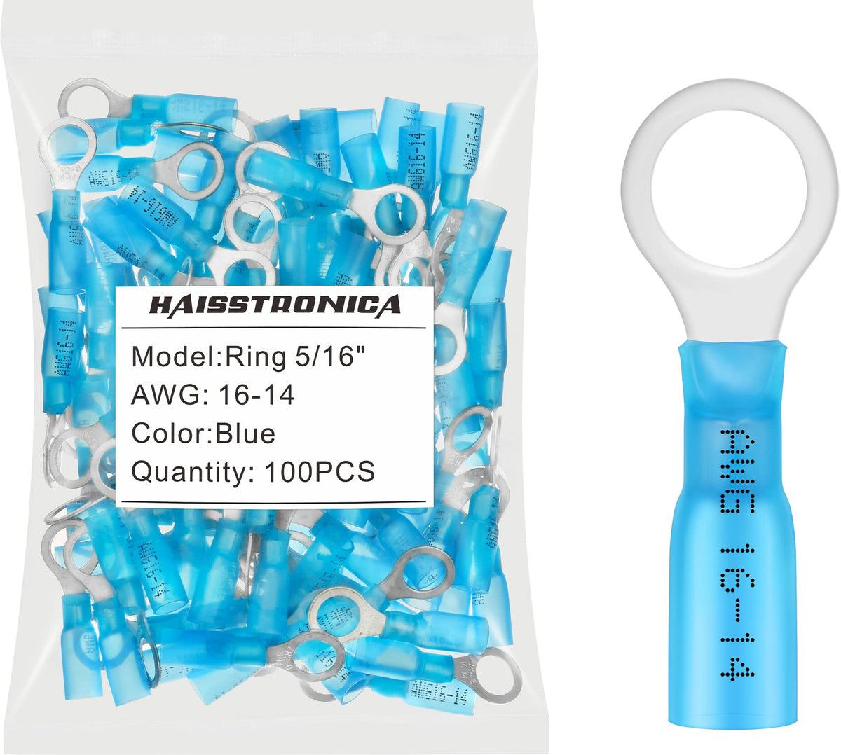 haisstronica 100pcs 5/16" Blue Marine Grade Heat Shrink Ring Connectors,16-14 Gauge Tinned Red Copper 0.7mm Ring Terminals Connectors,Brazed-Seam Insulated Electrical Crimp Wire Terminals