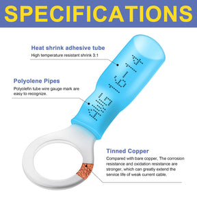haisstronica 100pcs 1/4" Blue Marine Grade Heat Shrink Ring Connectors,16-14 Gauge Tinned Red Copper 0.7mm Ring Terminals Connectors,Brazed-Seam Insulated Electrical Crimp Wire Terminals