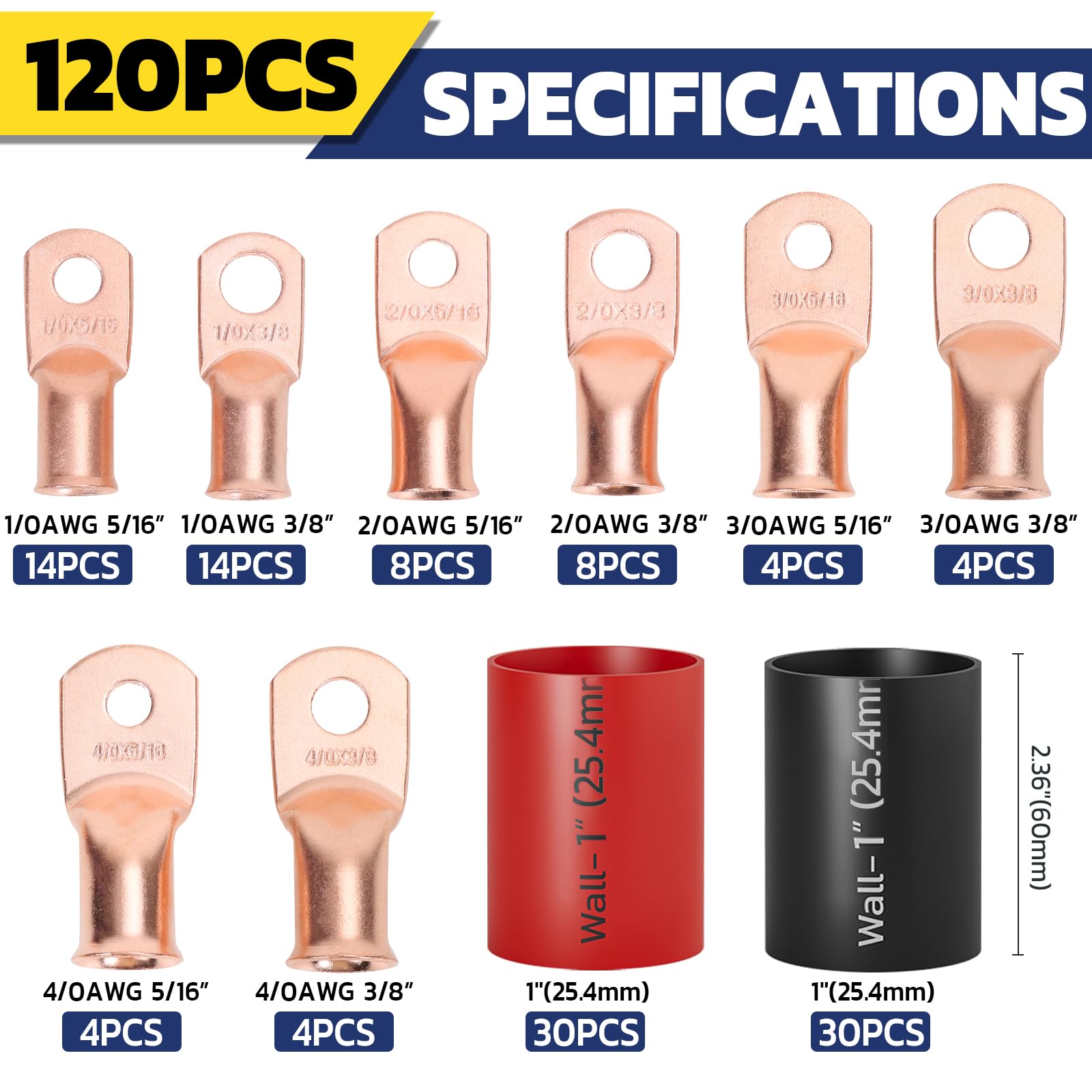 Haisstronica Lot de 10 cosses de câble de batterie 1/4" (M6) AWG, cosses en fil de cuivre robustes avec 10 gaines thermorétractables adhésives 3:1, cosses de fil de calibre 1/4, connecteur de borne de batterie, embouts de câble de batterie