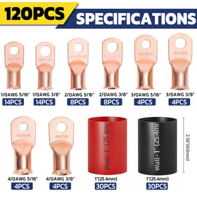 Haisstronica Lot de 10 cosses de câble de batterie 1/4" (M6) AWG, cosses en fil de cuivre robustes avec 10 gaines thermorétractables adhésives 3:1, cosses de fil de calibre 1/4, connecteur de borne de batterie, embouts de câble de batterie