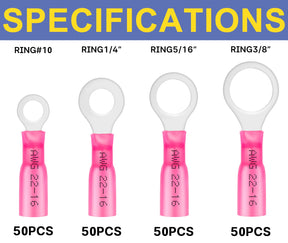 haisstronica 200pcs Red Marine Grade Heat Shrink Ring Connectors-Tinned red Copper 0.7mm 4 Sizes #10,1/4",5/16",3/8",22-16 Gauge Heat Shrink Wire Connectors-Insulated Crimp Terminals Set