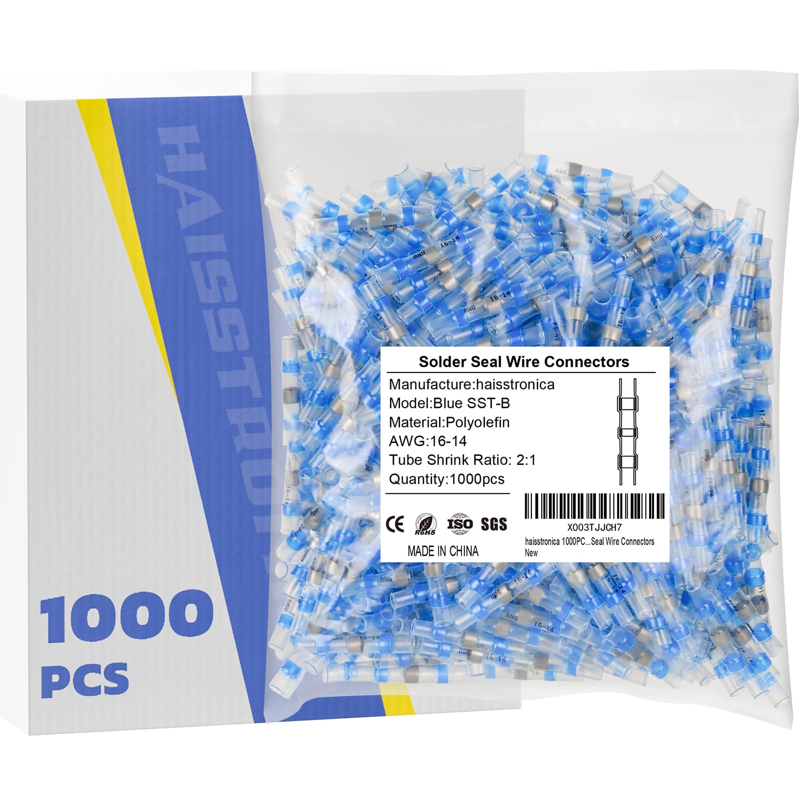 haisstronica 1000PCS Blue Solder Seal Wire Connectors, 16-14 AWG Marine Grade Waterproof Electrical Butt Terminals