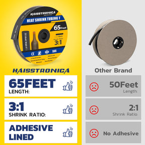 Gaine thermorétractable Haisstronica 3:1, gaine thermorétractable de qualité marine avec revêtement adhésif, pour la maison, l'automobile et l'industrie (noire), 65 pieds (1 pouce).