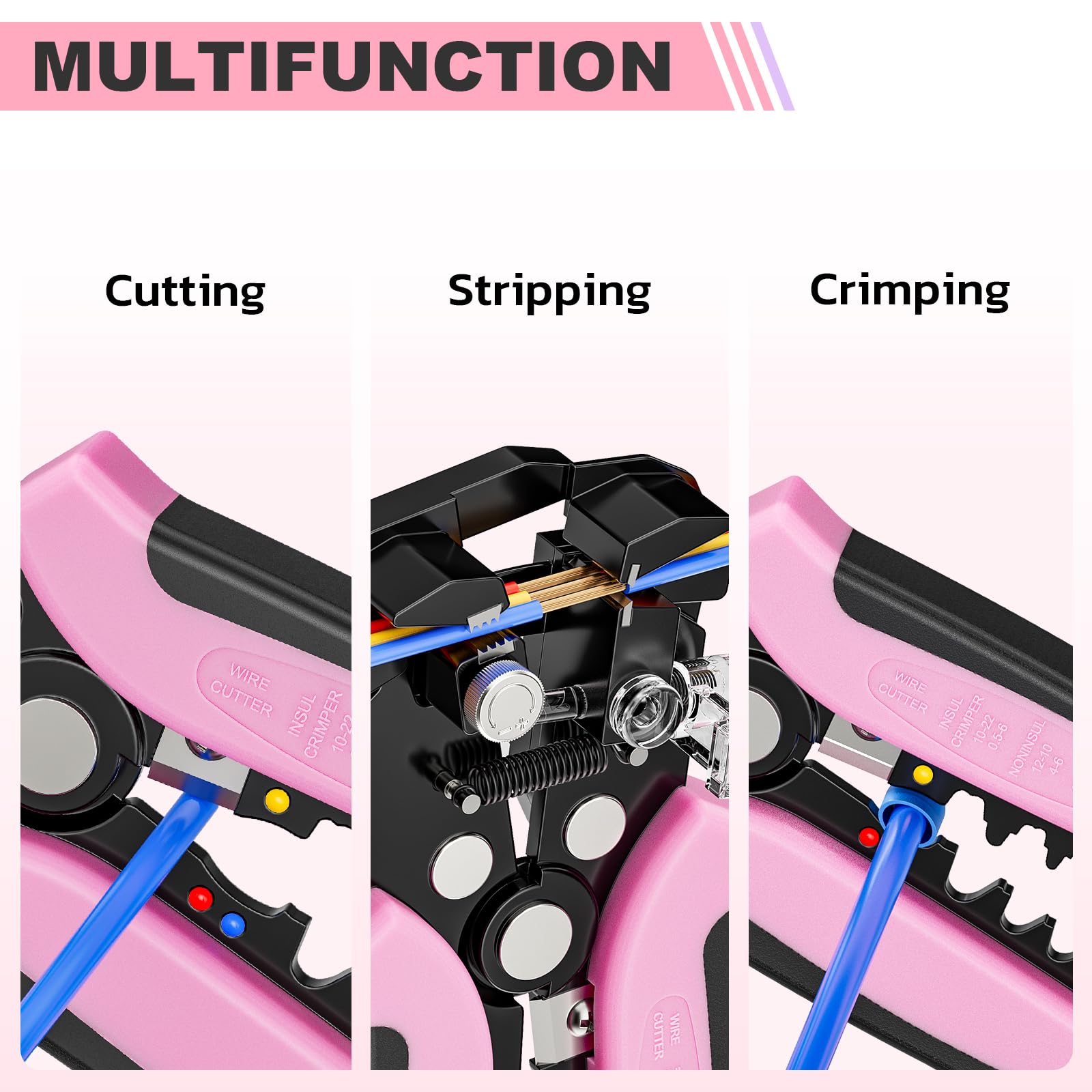 haisstronica Self-Adjusting Wire Stripper, Pink 3 In 1 Stripper/Cutter/Crimping Heavy Duty Automatic Electrical Wire Strippers for 10-24 AWG Stranded, Solid,Landscape Etc