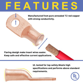 Kit d'embouts de câbles de batterie Haisstronica (220 pièces), 110 cosses à anneau en cuivre robuste (AWG 8, 6, 4, 2, 1), connecteurs à œillets pour câbles de batterie avec 110 gaines thermorétractables 3:1.