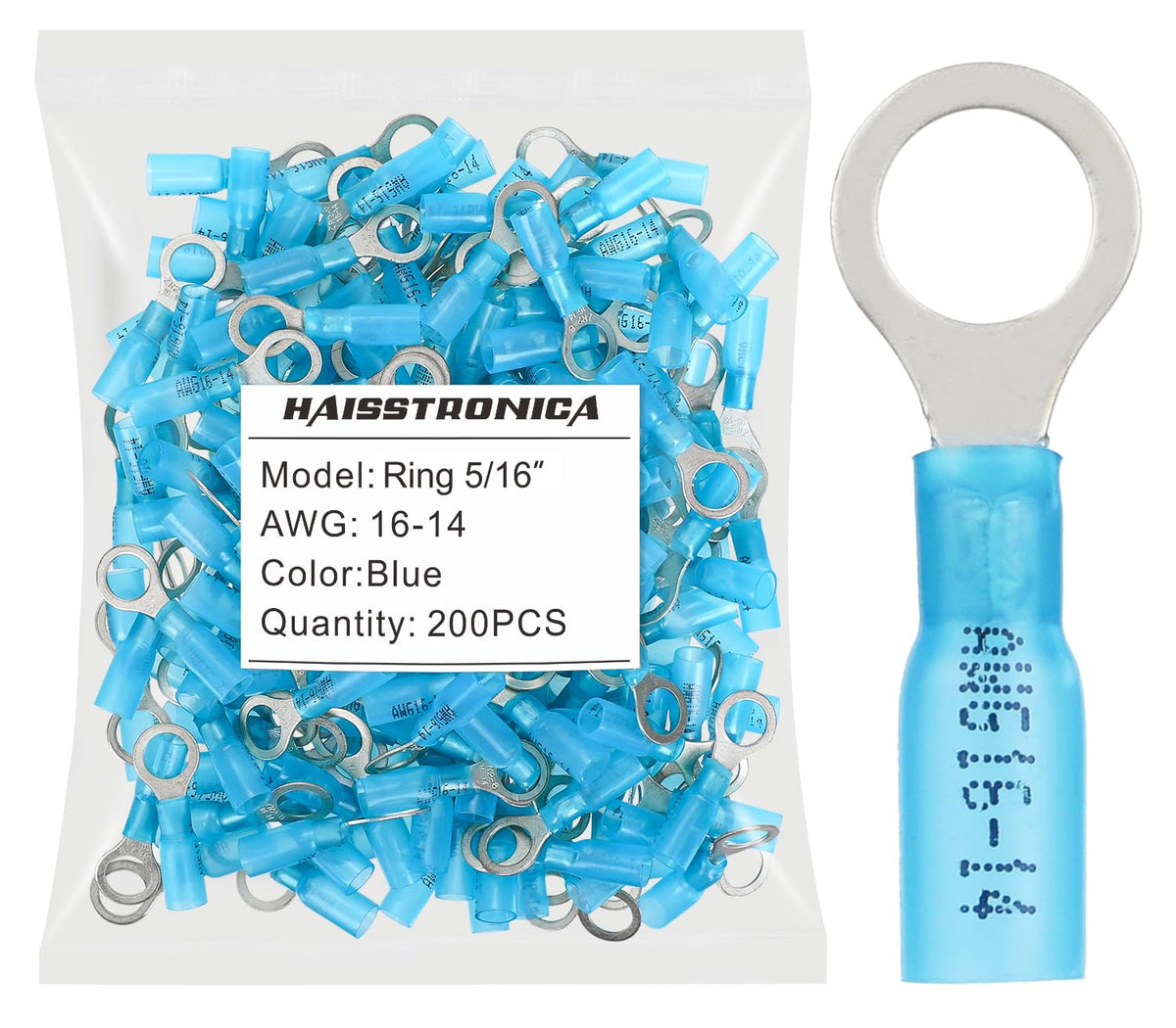 haisstronica 200pcs 5/16" Blue Marine Grade Heat Shrink Ring Connectors,16-14 Gauge Tinned Red Copper 0.7mm Ring Terminals Connectors,Brazed-Seam Insulated Electrical Crimp Wire Terminals