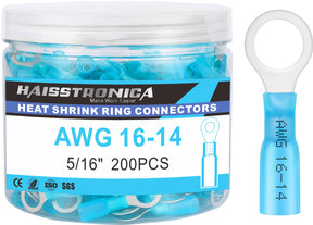 haisstronica 200PCS Heat Shrink Ring Terminals 5/16" Marine Grade Wire Connectors Blue AWG 16-14 Gauge, Tinned Red Copper 0.7mm Resistant Ring Connectors, Brazed-Seam Insulated Electrical Crimp