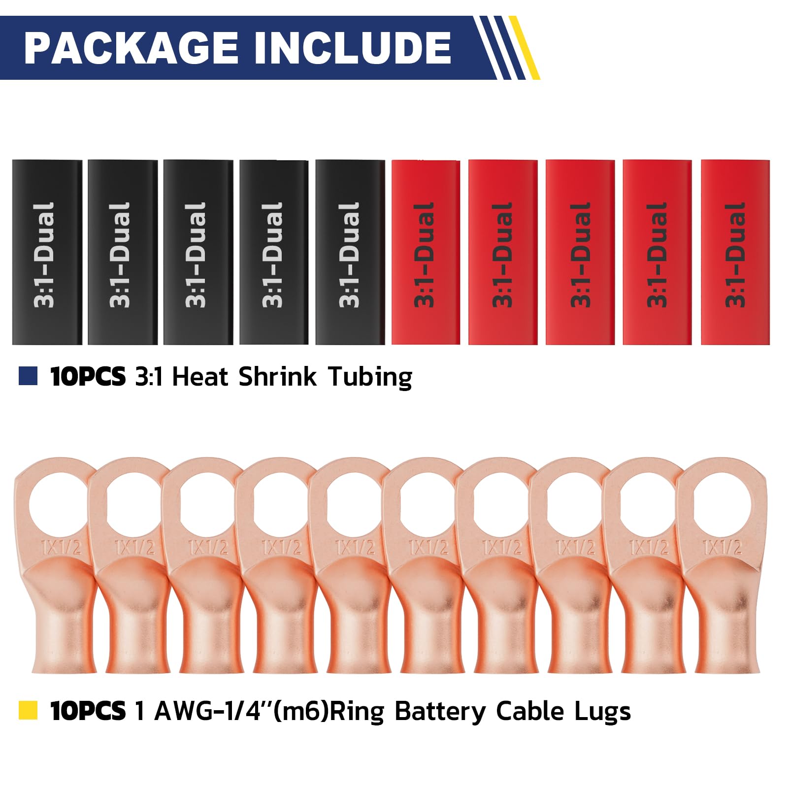 Haisstronica Lot de 10 cosses de batterie 1 AWG - 1/4" (M6), cosses en fil de cuivre robustes avec 10 gaines thermorétractables adhésives 3:1, connecteurs de fils de calibre 1, connecteurs de bornes de batterie, embouts de câbles de batterie