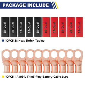 haisstronica 10pcs 1 AWG - 1/4" (M6) Battery Cable Lugs, Heavy Duty Copper Wire Lugs with 10pcs 3:1 Adhesive Heat Shrink Tubing, 1 Gauge Wire Connectors Battery Terminal Connectors, Battery Cable Ends