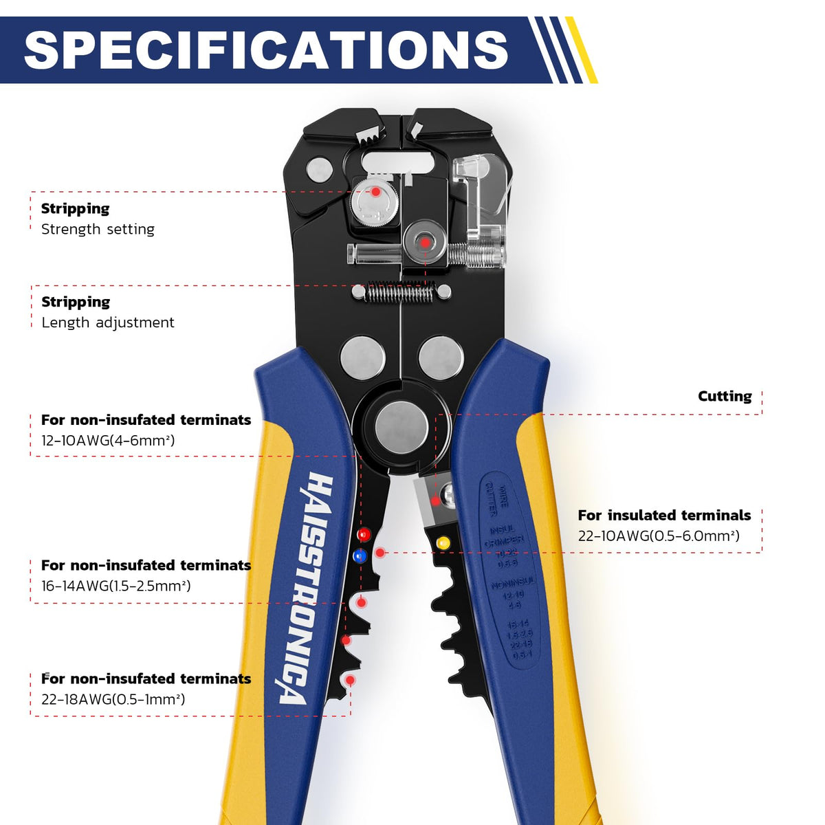 Professional Haisstronica stripper with adjustable settings for non-insulated terminals (AWG 22-10).