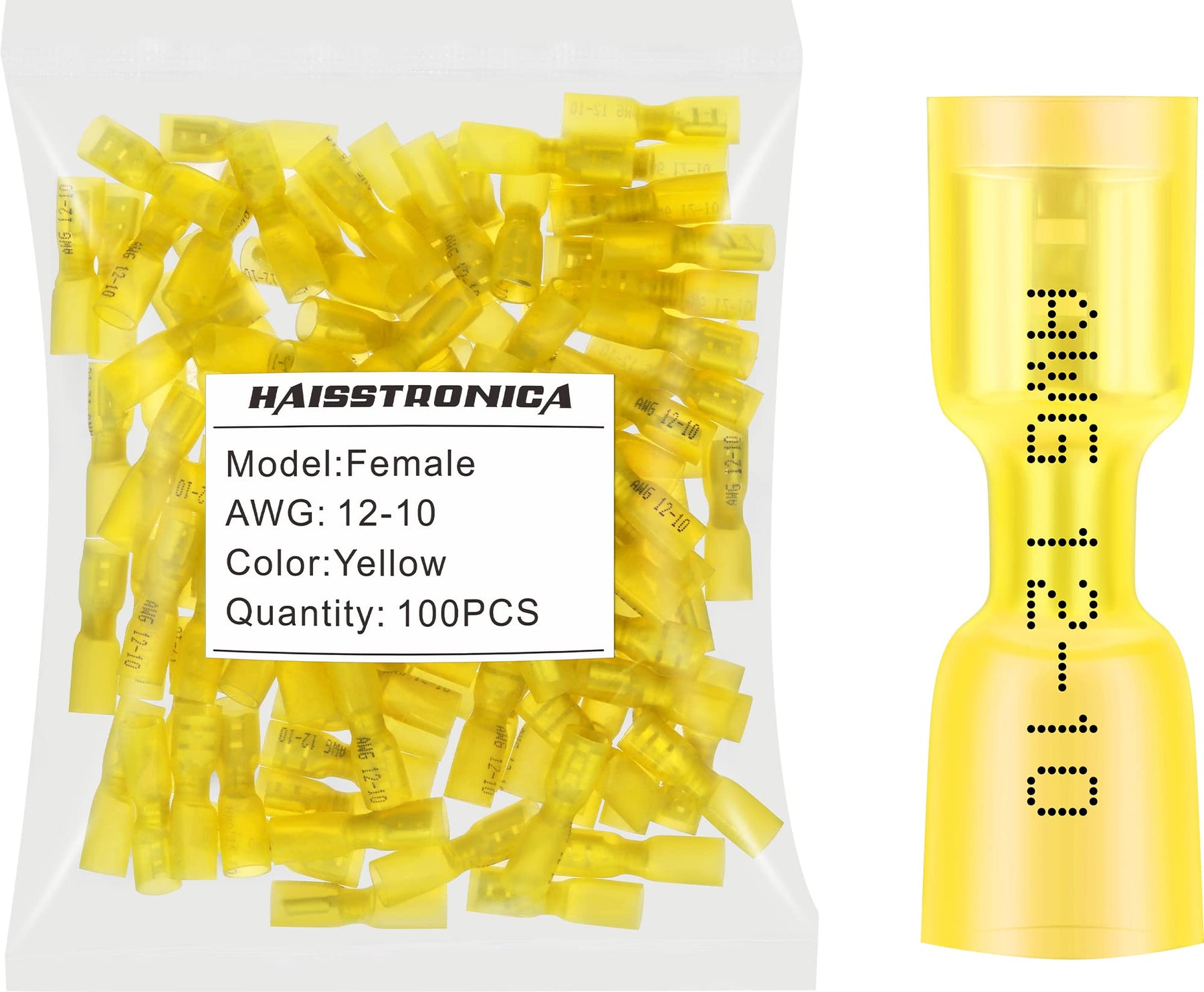 haisstronica 100pcs Yellow Heat Shrink Female Spade Connectors,12-10 Gauge Insulated Electrical Crimp Wire Terminals