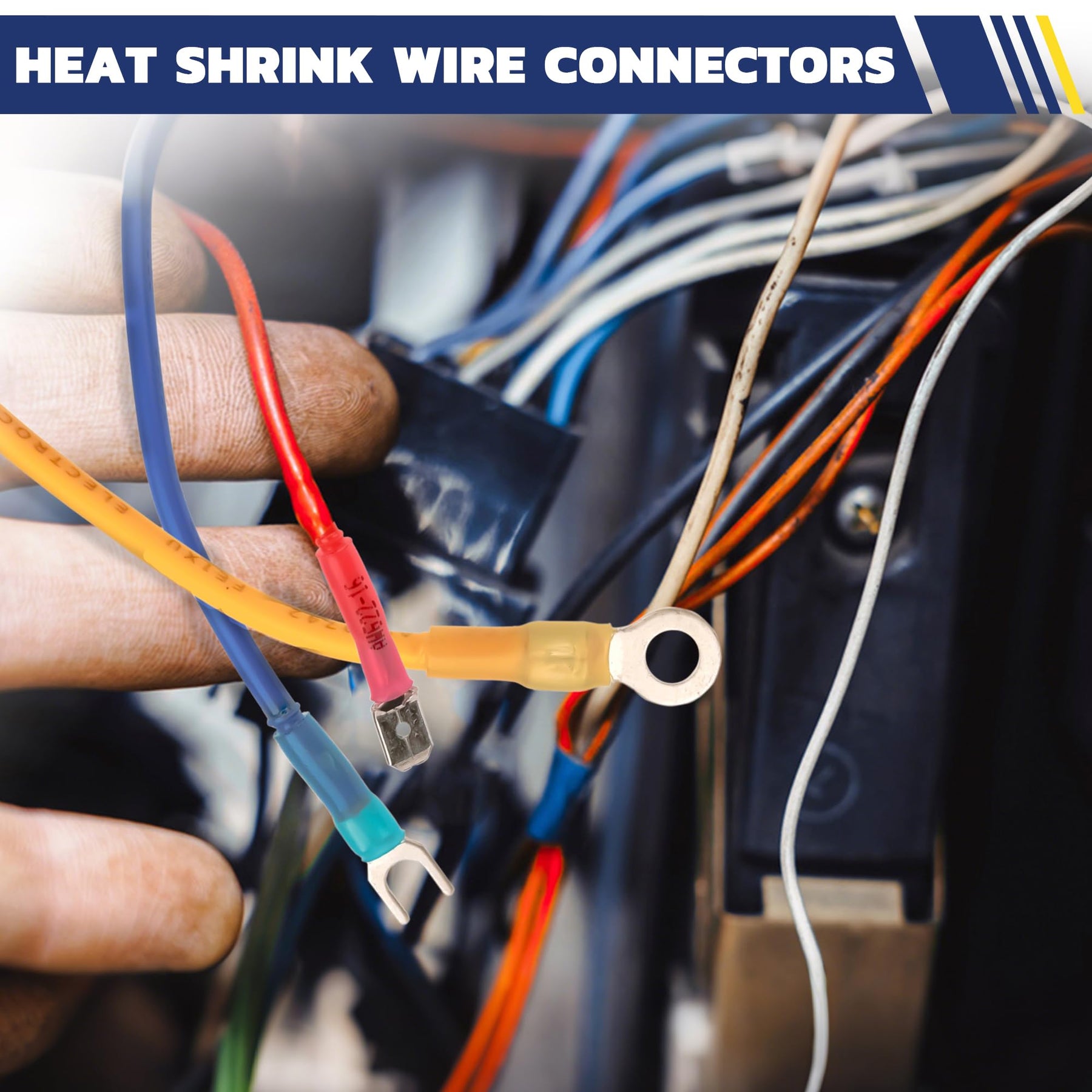 Close view of automotive wire connectors with colored heat shrink terminals attached to mixed gauge wires in an electrical panel
