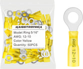 haisstronica 50pcs 5/16" Yellow Marine Grade Heat Shrink Ring Connectors,12-10 Gauge Tinned Red Copper 1mm Ring Terminals Connectors,Brazed-Seam Insulated Electrical Crimp Wire Terminals