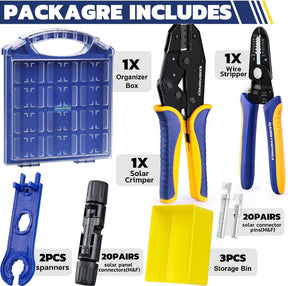 Kit de sertissage solaire Haisstronica 25 pièces, 20 paires de connecteurs MC4 AWG14-10 (2,5/4/6 mm²) avec pince à dénuder et clés pour l'installation de câbles photovoltaïques de panneaux solaires.