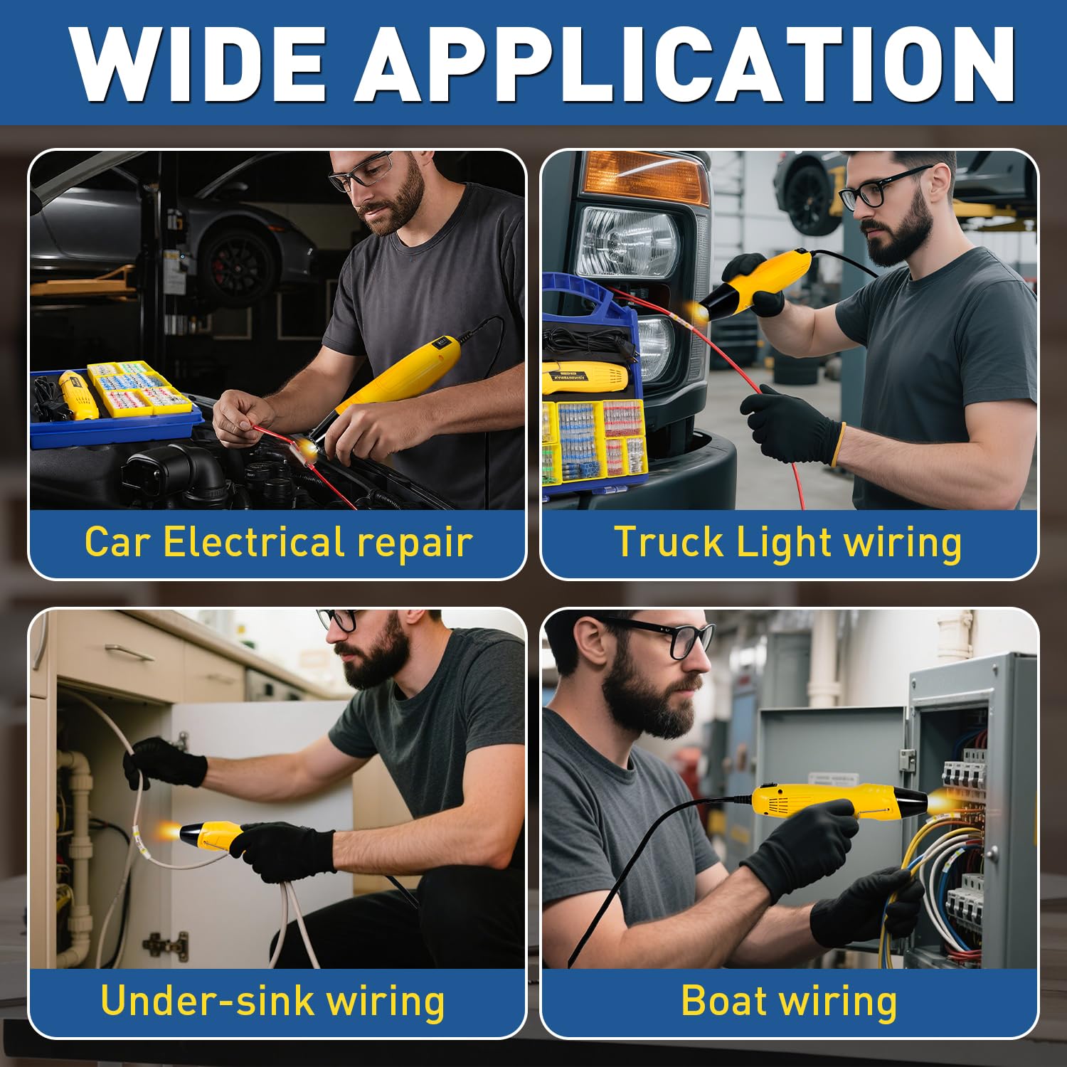 Tech using a heat gun 350 kit on car, truck, sink and boat wiring, showing portable yellow tool handling diverse repairs