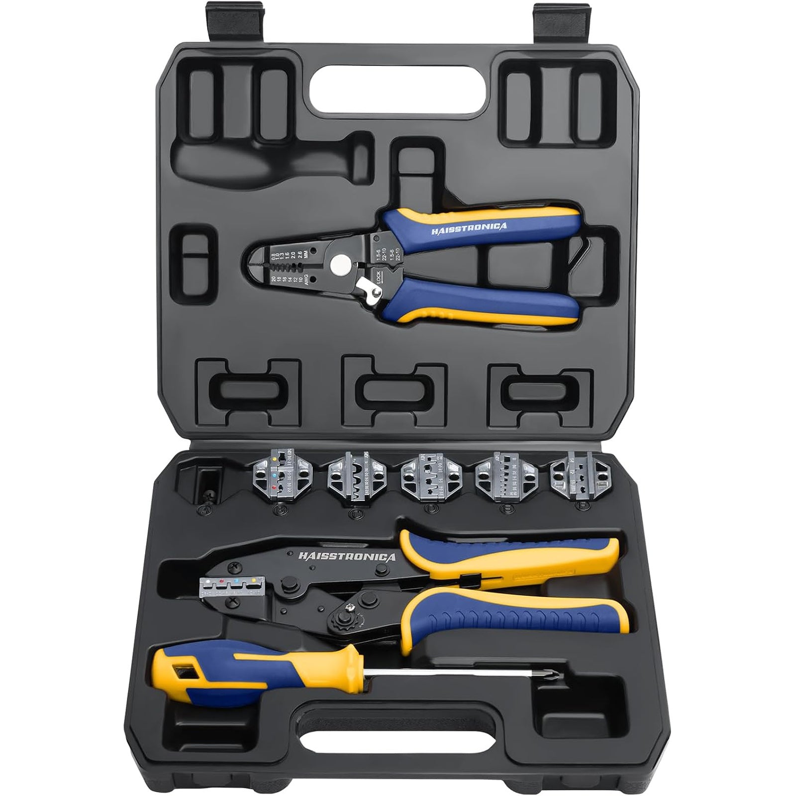 Haisstronica crimping tool set, black case with blue/yellow tools, 0.75-24mm² dies, AWG 12-10 markings, portable storage compartments.