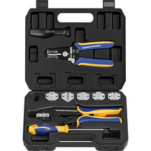Haisstronica crimping tool set, black case with blue/yellow tools, 0.75-24mm² dies, AWG 12-10 markings, portable storage compartments.