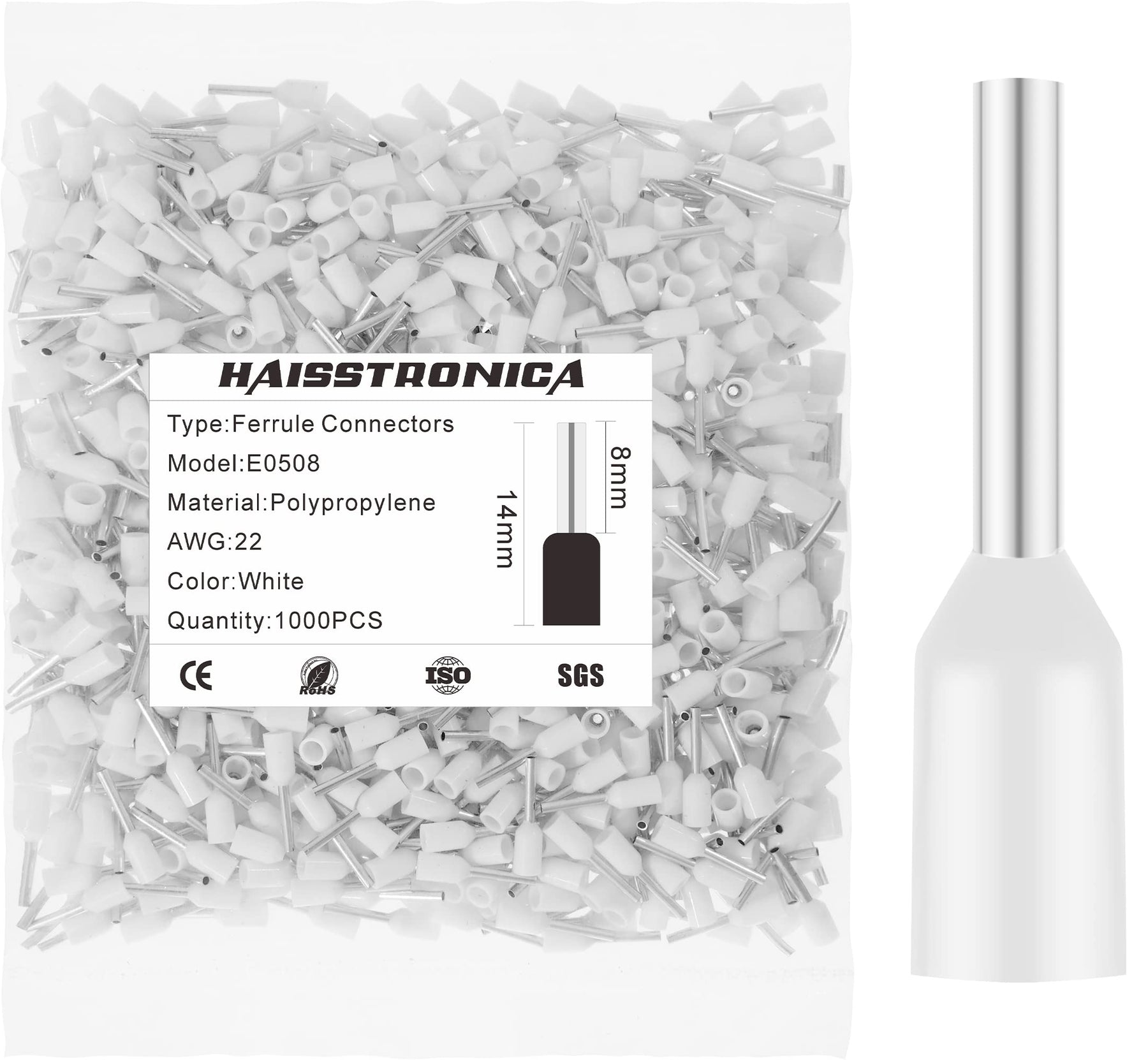 haisstronica 1000PCS Wire Ferrules Connectors,White AWG22 Wire End Ferrule Terminals,Crimp Pin Cord End Terminals