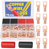 Haisstronica 76PCS Copper Wire Lugs with Heat Shrink Tube 3:1 Kit(AWG 6 4 2 1),Heavy Duty Battery Cable End,Bare Copper Crimp Connectors,Eyelets Tubular Ring Terminals