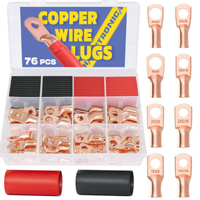 Haisstronica 76PCS Copper Wire Lugs with Heat Shrink Tube 3:1 Kit(AWG 6 4 2 1),Heavy Duty Battery Cable End,Bare Copper Crimp Connectors,Eyelets Tubular Ring Terminals