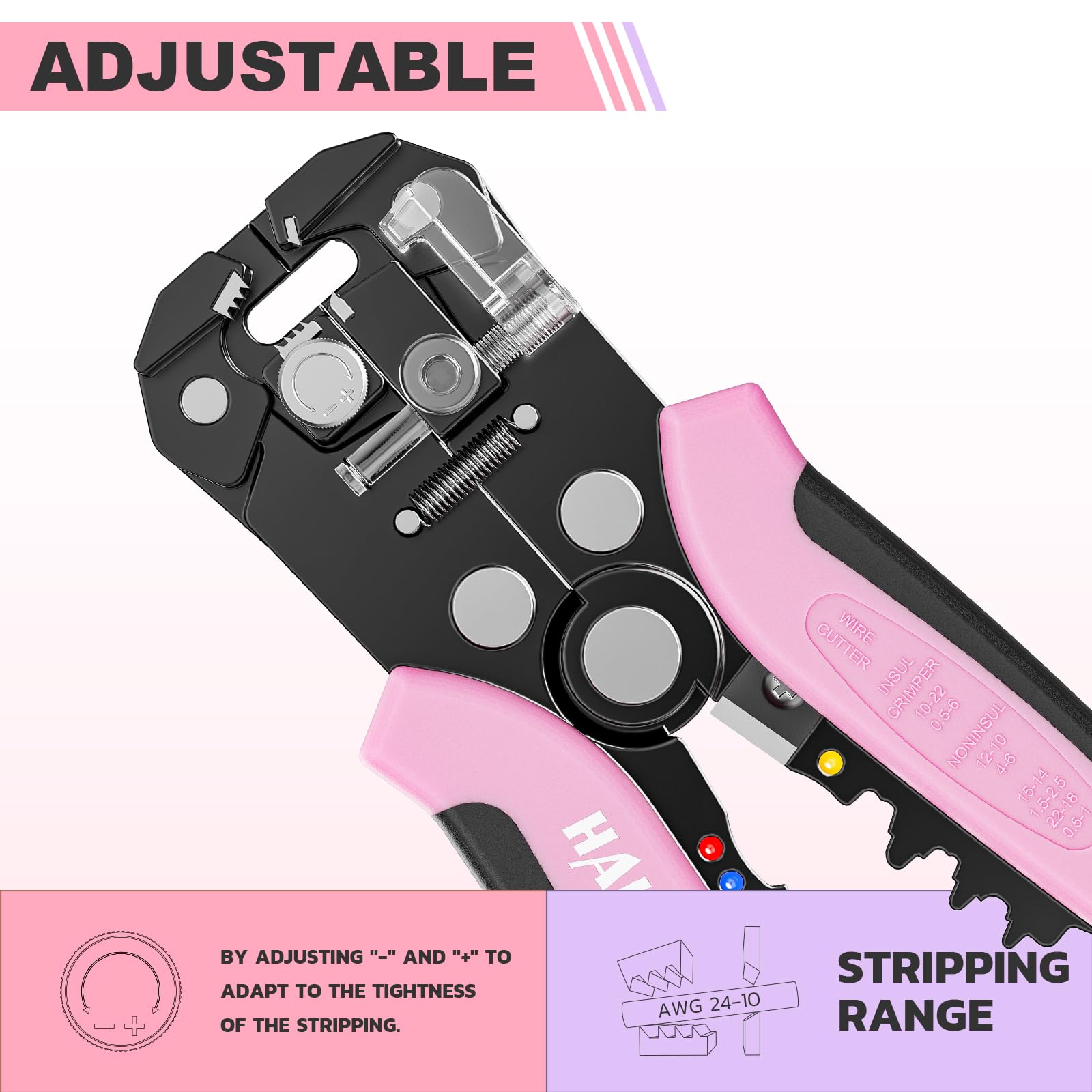 haisstronica Self-Adjusting Wire Stripper, Pink 3 In 1 Stripper/Cutter/Crimping Heavy Duty Automatic Electrical Wire Strippers for 10-24 AWG Stranded, Solid,Landscape Etc