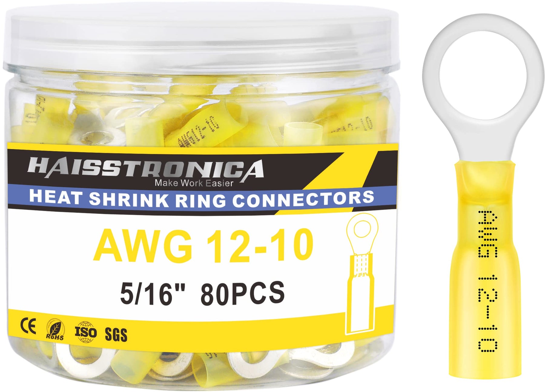 Haisstronica Lot de 80 cosses à anneau thermorétractables 5/16" de qualité marine, jaunes AWG 12-10, en cuivre rouge étamé, résistantes à l'usure, 1 mm, sertissage électrique isolé par soudure brasée