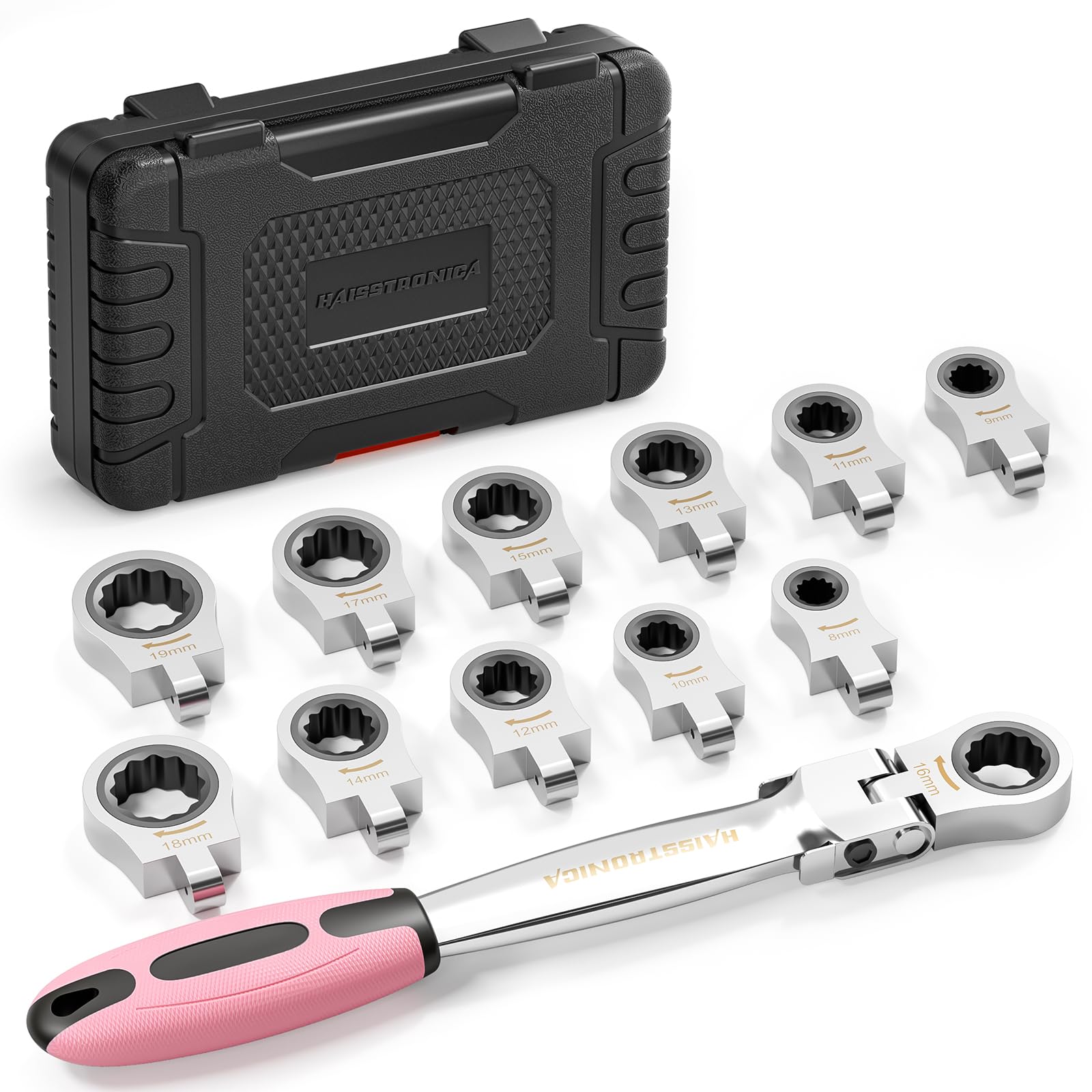 haisstronica Pink Wrench Set for Women, 12 in 1 Interchangeable Heads Ratcheting Combination Wrench Set, 8-19mm Metric Flex Head Wrench Tool for Auto