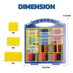 Case dimensions with bins storing connectors and heat shrink, organized for projects near solder melting point