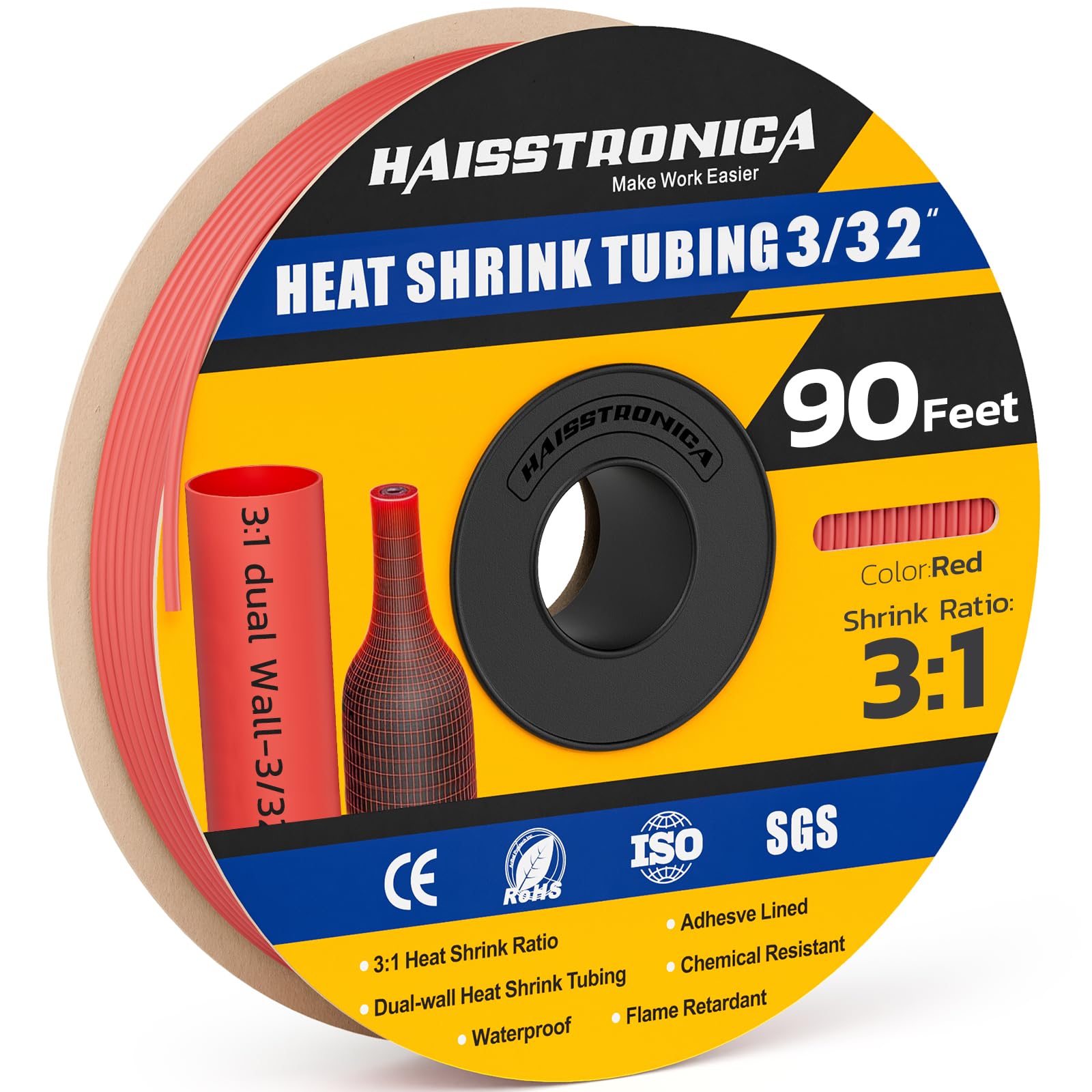 haisstronica 3:1 Heat Shrink Tubing, Shrink Ratio Adhesive Lined Marine Grade Heat Shrink Tube for Home, Automotive and Industrial (Red) 90FT 3/32inch