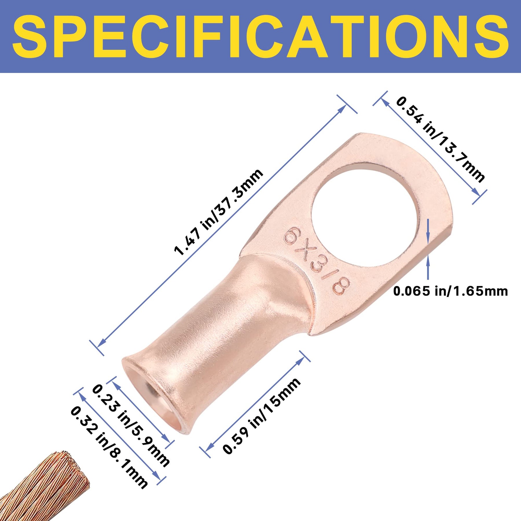 haisstronica 6AWG-3/8 Stud (10pcs) UL Copper Ring Terminals,Heavy Duty Wire Lugs,Battery Cable Ends,Tubular Ring Terminal Connectors,Bare Copper Eyelets