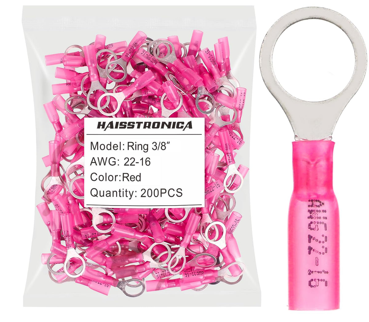 haisstronica 200pcs 3/8" Red Marine Grade Heat Shrink Ring Connectors,22-16 Gauge Tinned Red Copper 0.7mm Ring Terminals Connectors,Brazed-Seam Insulated Electrical Crimp Wire Terminals