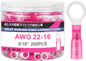 haisstronica 200PCS Heat Shrink Ring Terminals 5/16" Marine Grade Wire Connectors Red AWG 22-16 Gauge, Tinned Red Copper 0.7mm Resistant Ring Connectors, Brazed-Seam Insulated Electrical Crimp