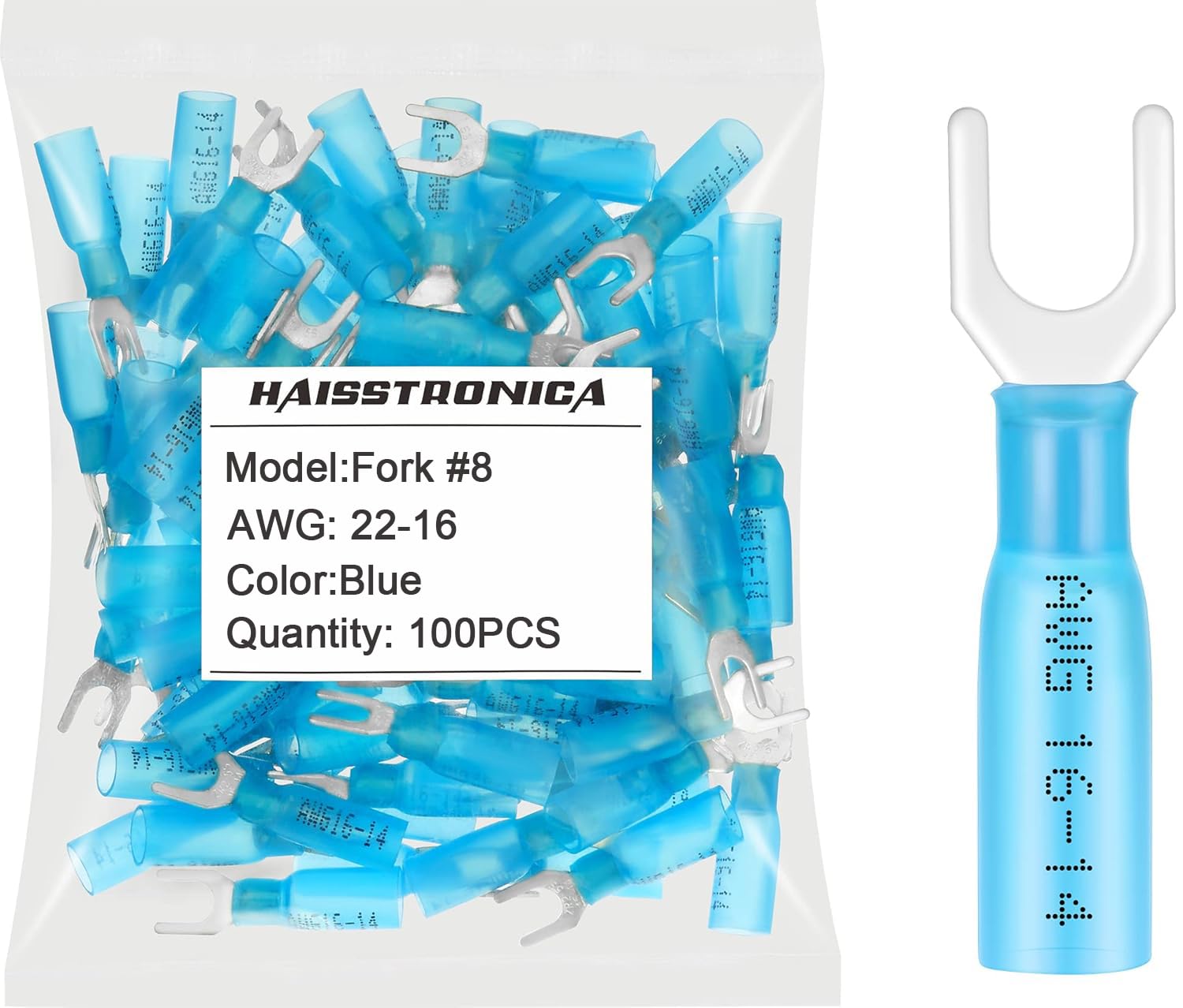Blue fork terminals by Haisstronica, 100PCS, AWG 22-16, insulated fork terminals perfect for wiring tasks.