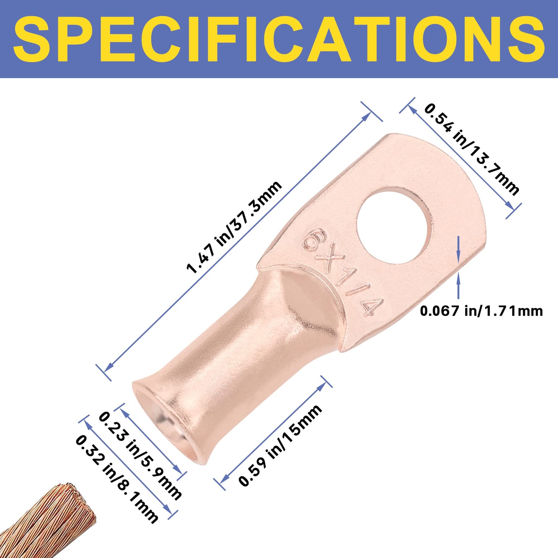 haisstronica 6AWG-1/4 Stud (10pcs) UL Copper Ring Terminals,Heavy Duty Wire Lugs,Battery Cable Ends,Tubular Ring Terminal Connectors,Bare Copper Eyelets