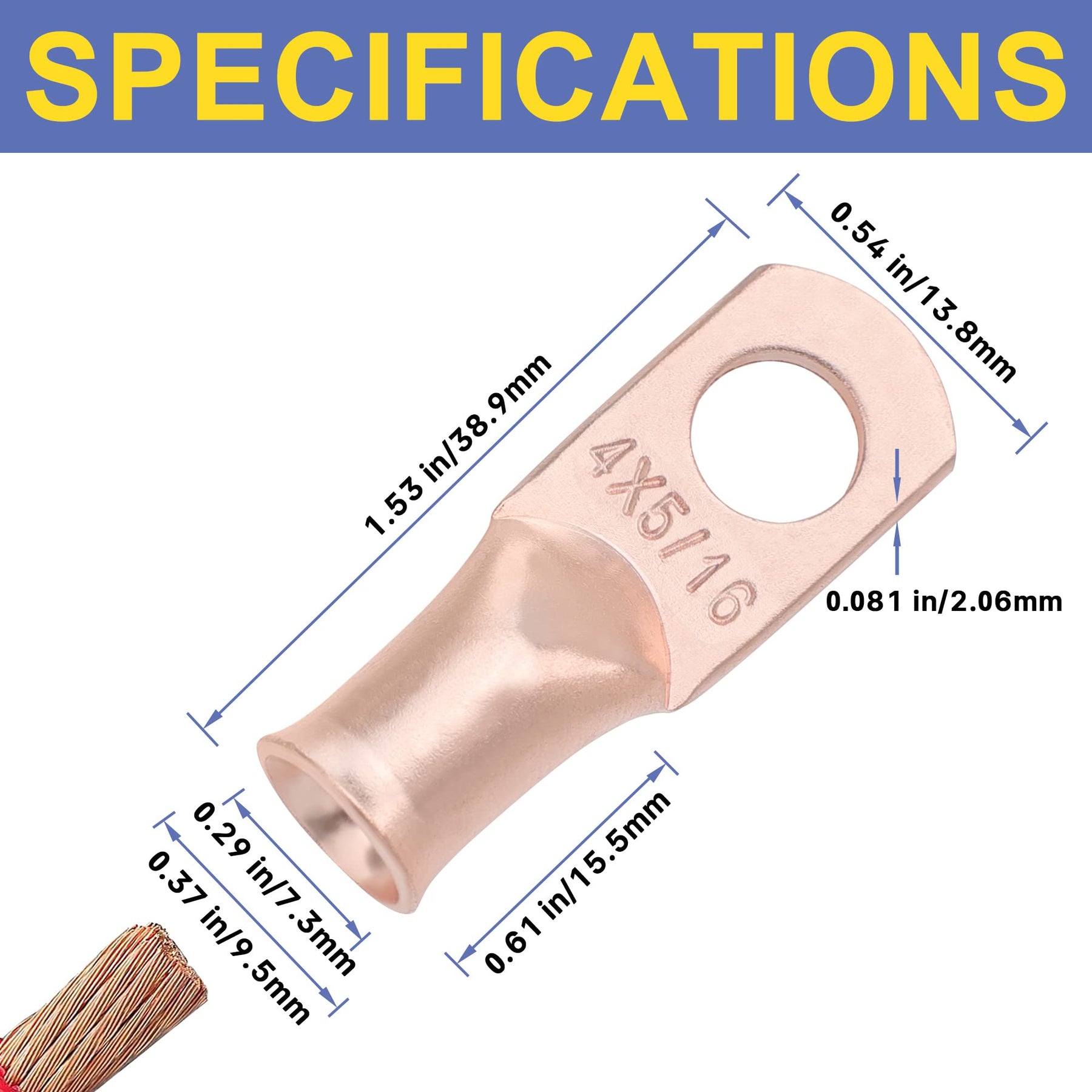 haisstronica 4AWG-5/16 Stud (10pcs) UL Copper Ring Terminals,Heavy Duty Wire Lugs,Battery Cable Ends,Tubular Ring Terminal Connectors,Bare Copper Eyelets