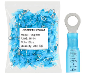 haisstronica 200pcs #10 Blue Marine Grade Heat Shrink Ring Connectors,16-14 Gauge Tinned Red Copper 0.7mm Ring Terminals Waterproof Eyelet Wire Connectors,Brazed-Seam Insulated Electrical Crimp