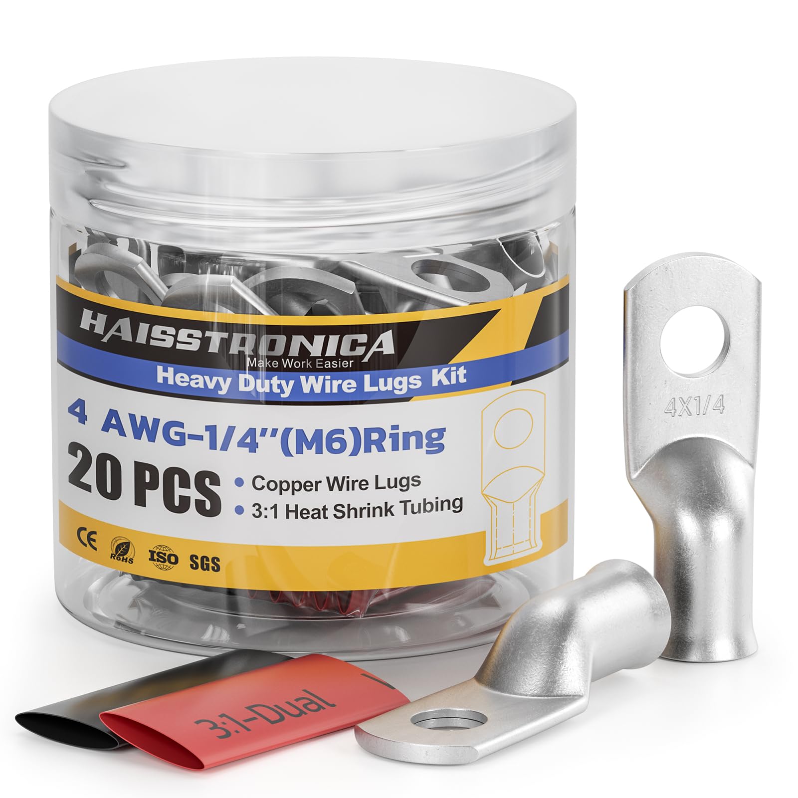 20 PCS Tinned Battery Cable Copper Wire Lugs with 10pcs 3:1 Adhesive Heat Shrink Tubing