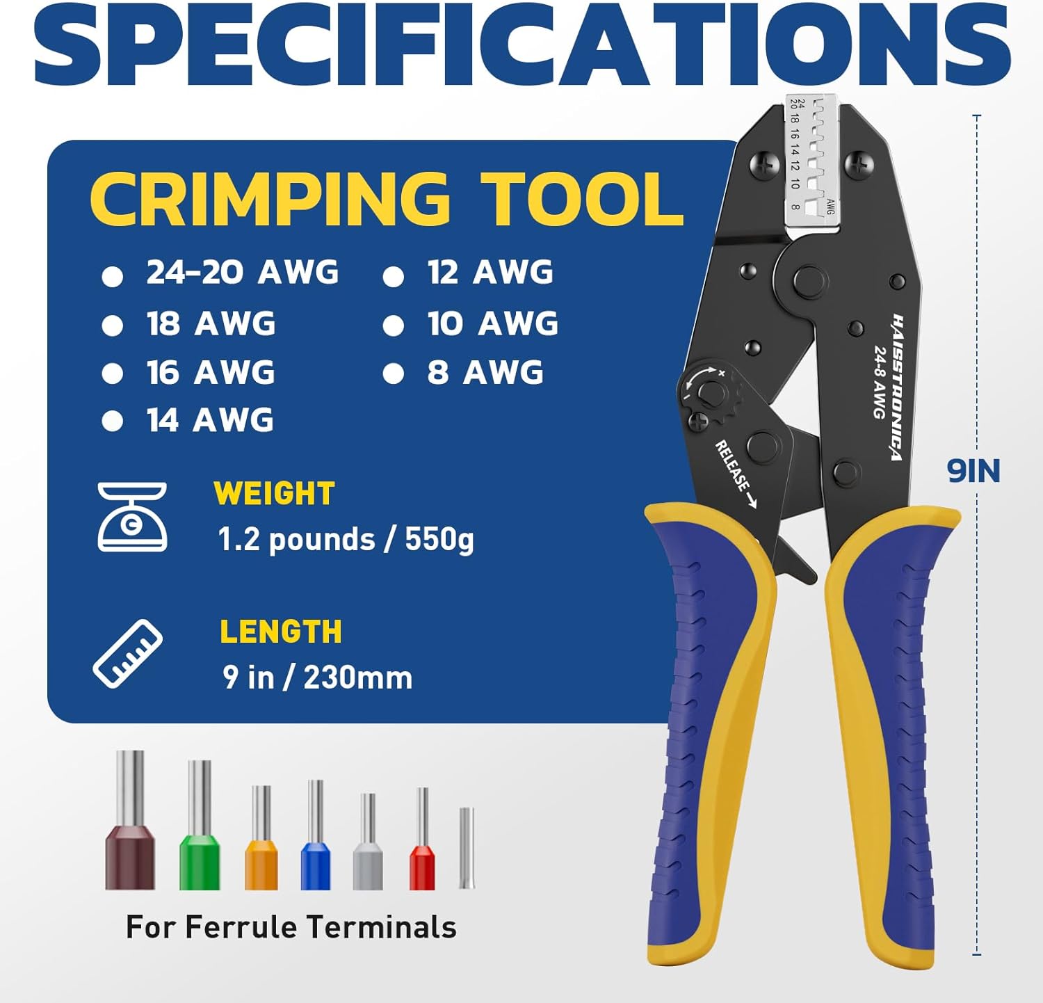 Pince à sertir pour manchons AWG 24-8, virole à cliquet