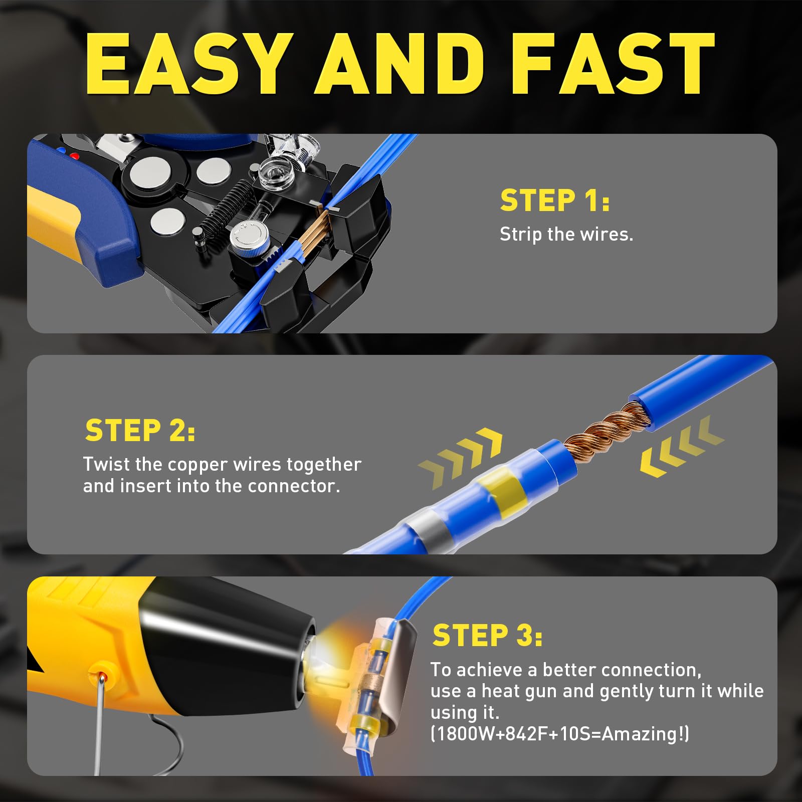 Step diagram showing strip, twist, and heat wires using solder seal connectors, creating reliable solder sleeves