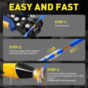 Step diagram showing strip, twist, and heat wires using solder seal connectors, creating reliable solder sleeves