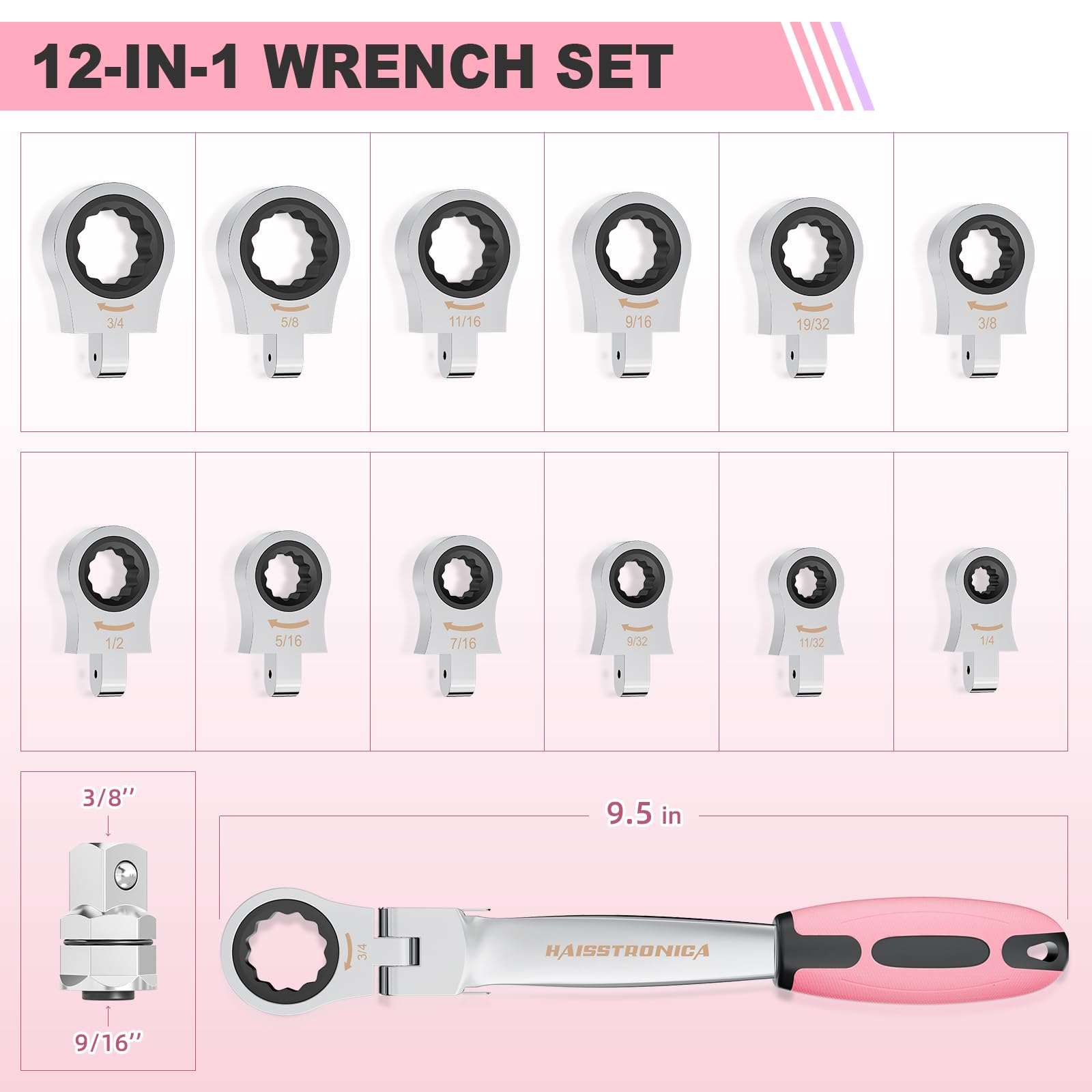 haisstronica Pink Wrench Set for Women, 13pcs Flex-Head Ratcheting Wrench Set with 3/8 in Adapter, SAE 1/4-3/4 inch Combination Wrench Tool for Auto