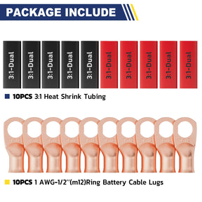 haisstronica 10pcs 1 AWG - 1/2" (M12) Battery Cable Lugs, Heavy Duty Copper Wire Lugs with 10pcs 3:1 Adhesive Heat Shrink Tubing, 1 Gauge Wire Connectors Battery Terminal Connector, Battery Cable Ends