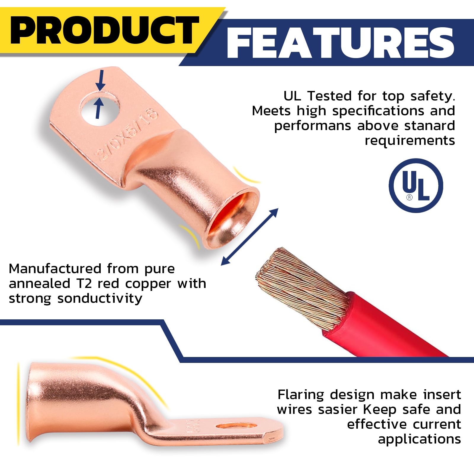 Haisstronica Lot de 10 cosses de câble de batterie 1/4" (M6) AWG, cosses en fil de cuivre robustes avec 10 gaines thermorétractables adhésives 3:1, cosses de fil de calibre 1/4, connecteur de borne de batterie, embouts de câble de batterie
