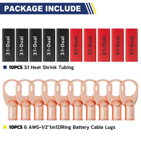 haisstronica 10pcs 6 AWG - 1/2" (M12) Battery Cable Lugs, Heavy Duty Copper Wire Lugs with 10pcs 3:1 Adhesive Heat Shrink Tubing, 6 Gauge Wire Connectors Battery Terminal Connector, Battery Cable Ends