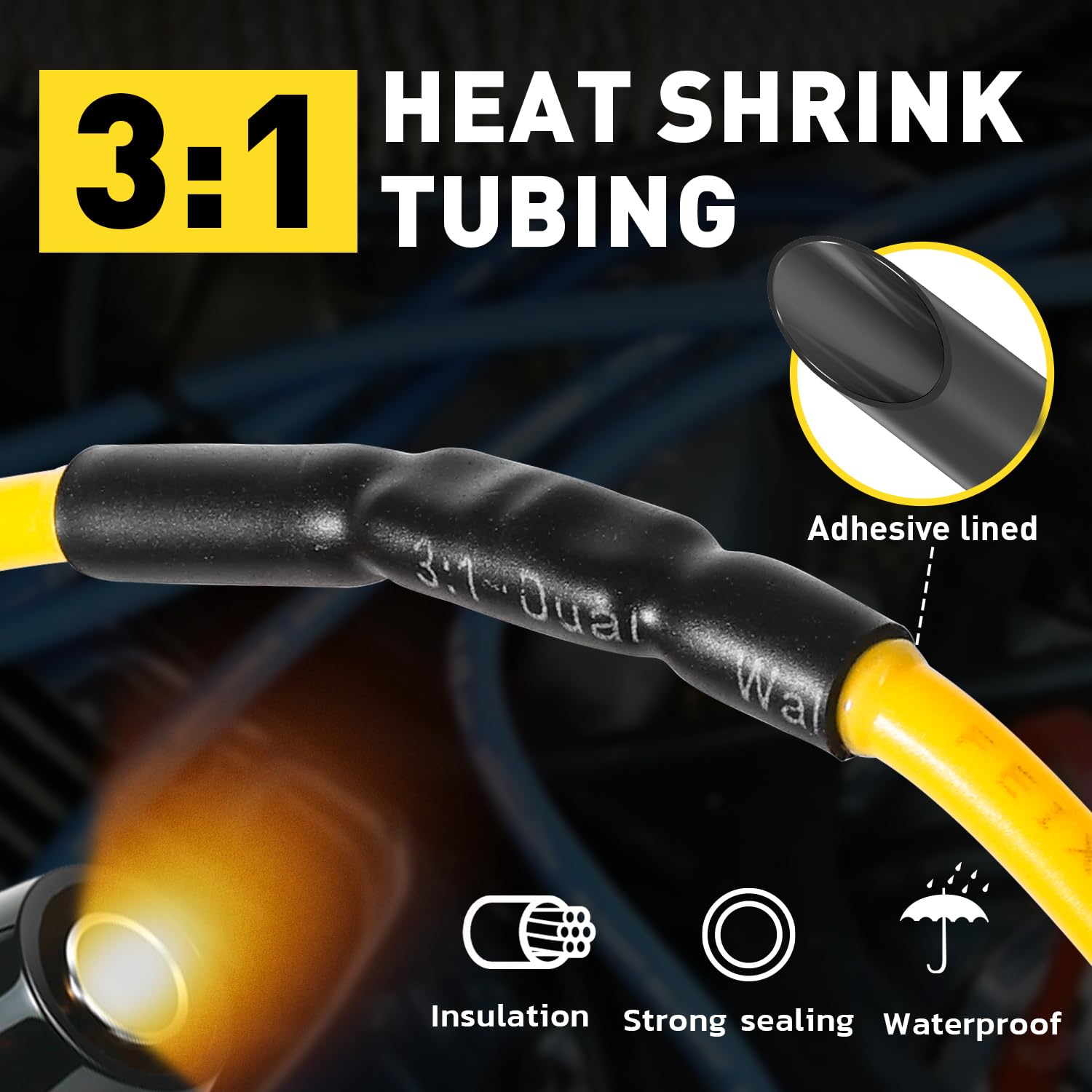 Cutaway view of copper butt connector and heat shrink on yellow cable, showing protection for non insulated wire.