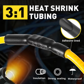 Cutaway view of copper butt connector and heat shrink on yellow cable, showing protection for non insulated wire.