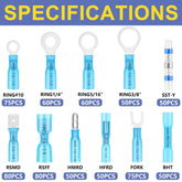 Haisstronica marine heat shrink connectors with 3/8", 5/16", and #10 rings, corrosion-resistant for harsh environments.