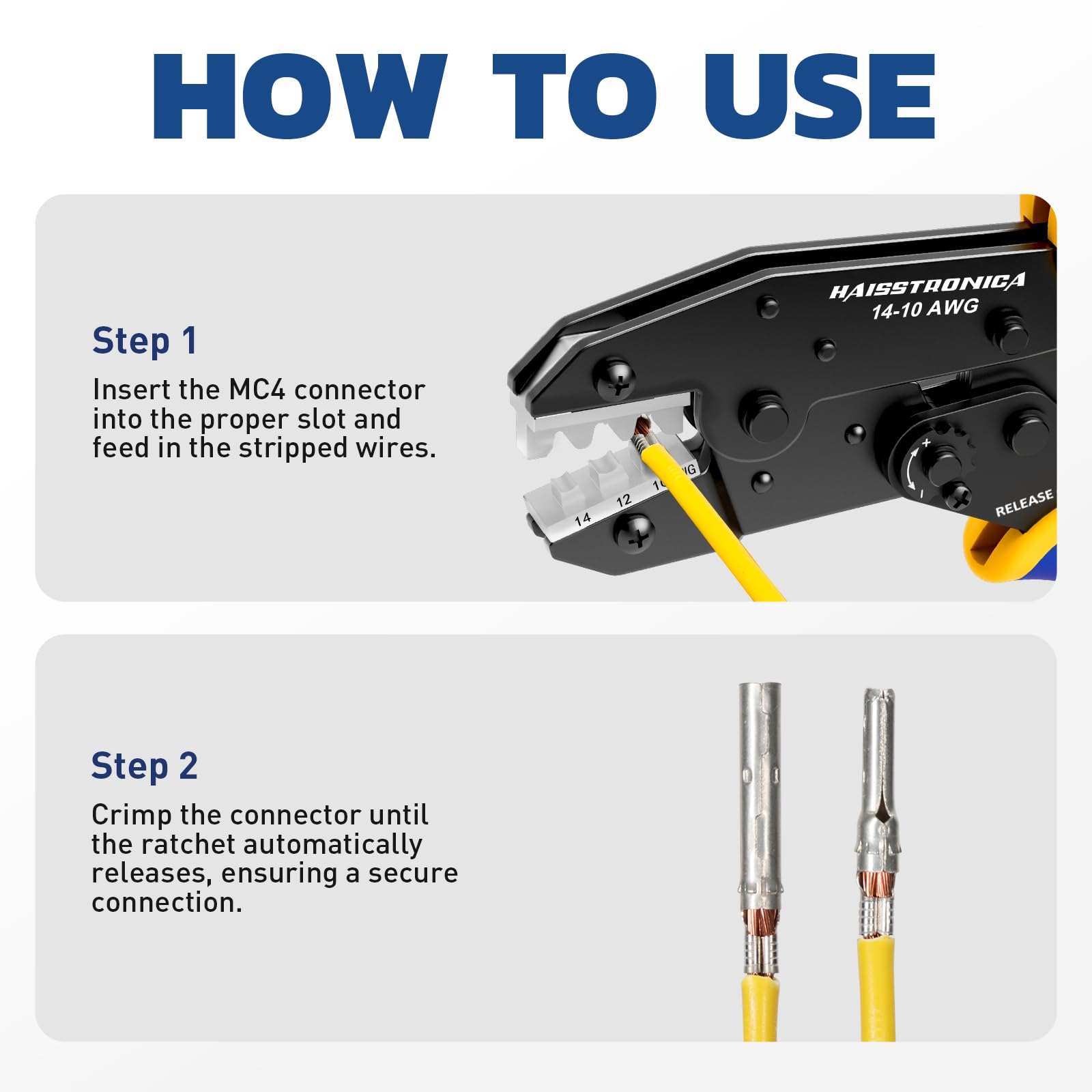 Haisstronica crimper dies for solar connectors (AWG 14-10) with corrosion-resistant EDM-cut precision.