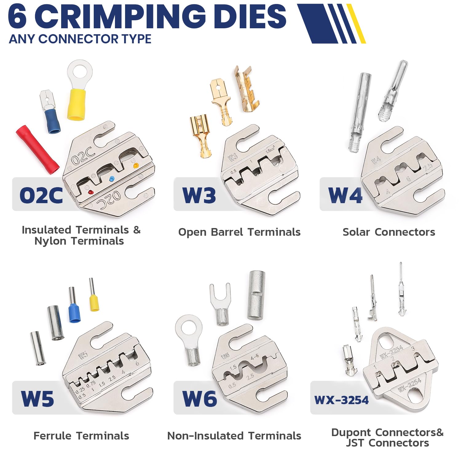 haisstronica 6PCS Crimping Tool Set- Ratcheting Wire Crimper with Wire Stripper, For Insulated Electrical Connectors, Open Barrel, Solar, JST&Dupont, Non-Insulated, Ferrule Terminals