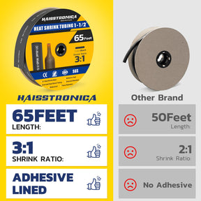 Gaine thermorétractable Haisstronica 3:1, rapport de rétraction 3/4, gaine thermorétractable de qualité marine, doublée d'adhésif, pour la maison, l'automobile et l'industrie (noire), 65 pieds (1-1/2 pouce).